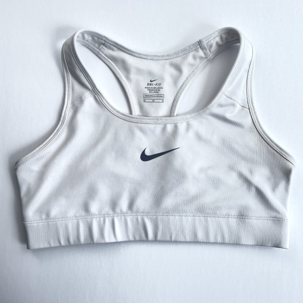 Nike Pro Dri-Fit Racerback Sports Bra White Swoosh Logo for Running or Athletics